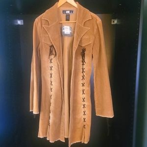 Tan corduroy trench with leather lacing detail sive large R4R